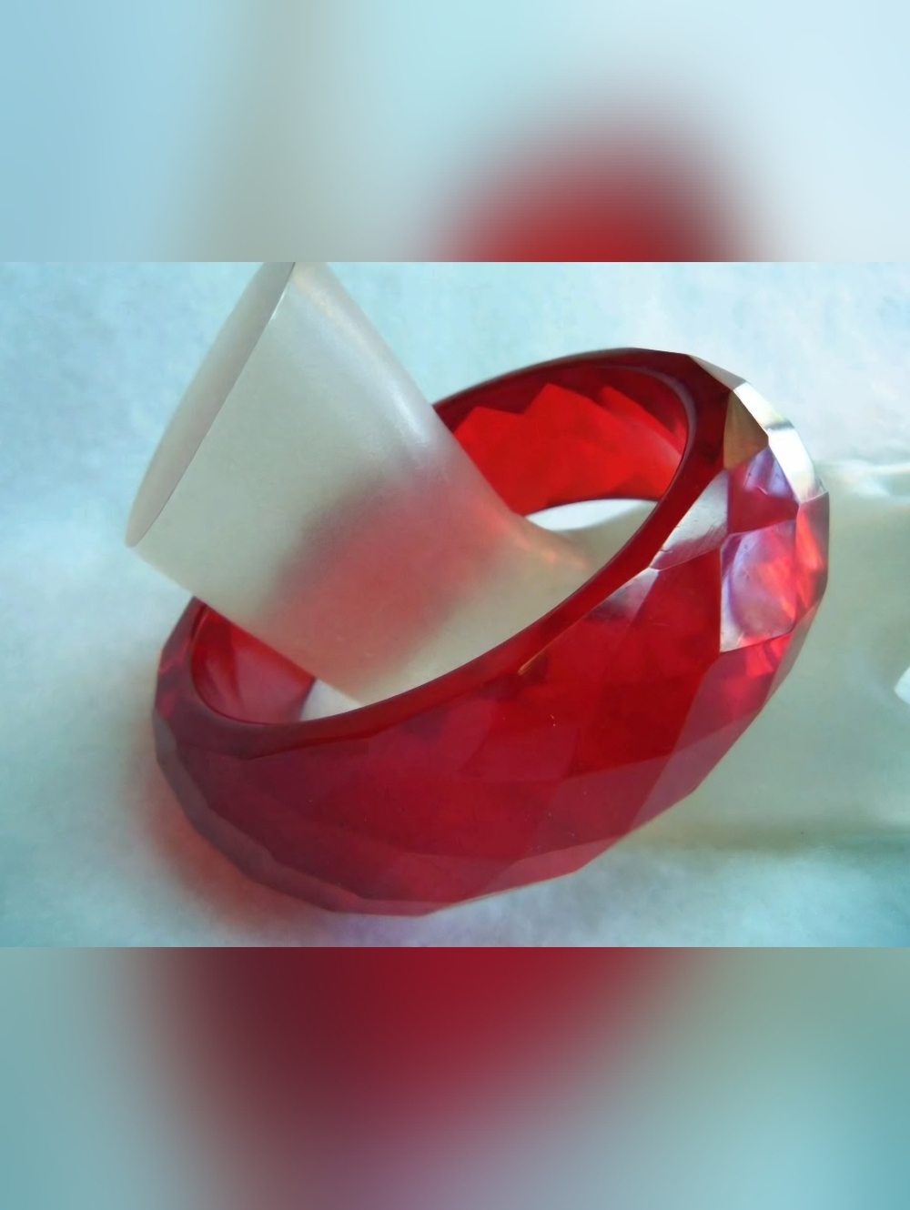Genuine Cherry Red Prystal Bakelite Bangle Bracelet Diamond Carved Design